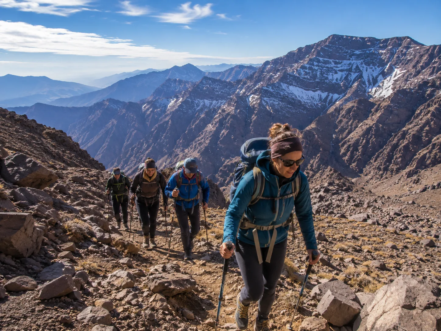 Randonneurs en ascension du Toubkal, sommets enneigés de l'Atlas — Riad Zenaya & Spa à Marrakech