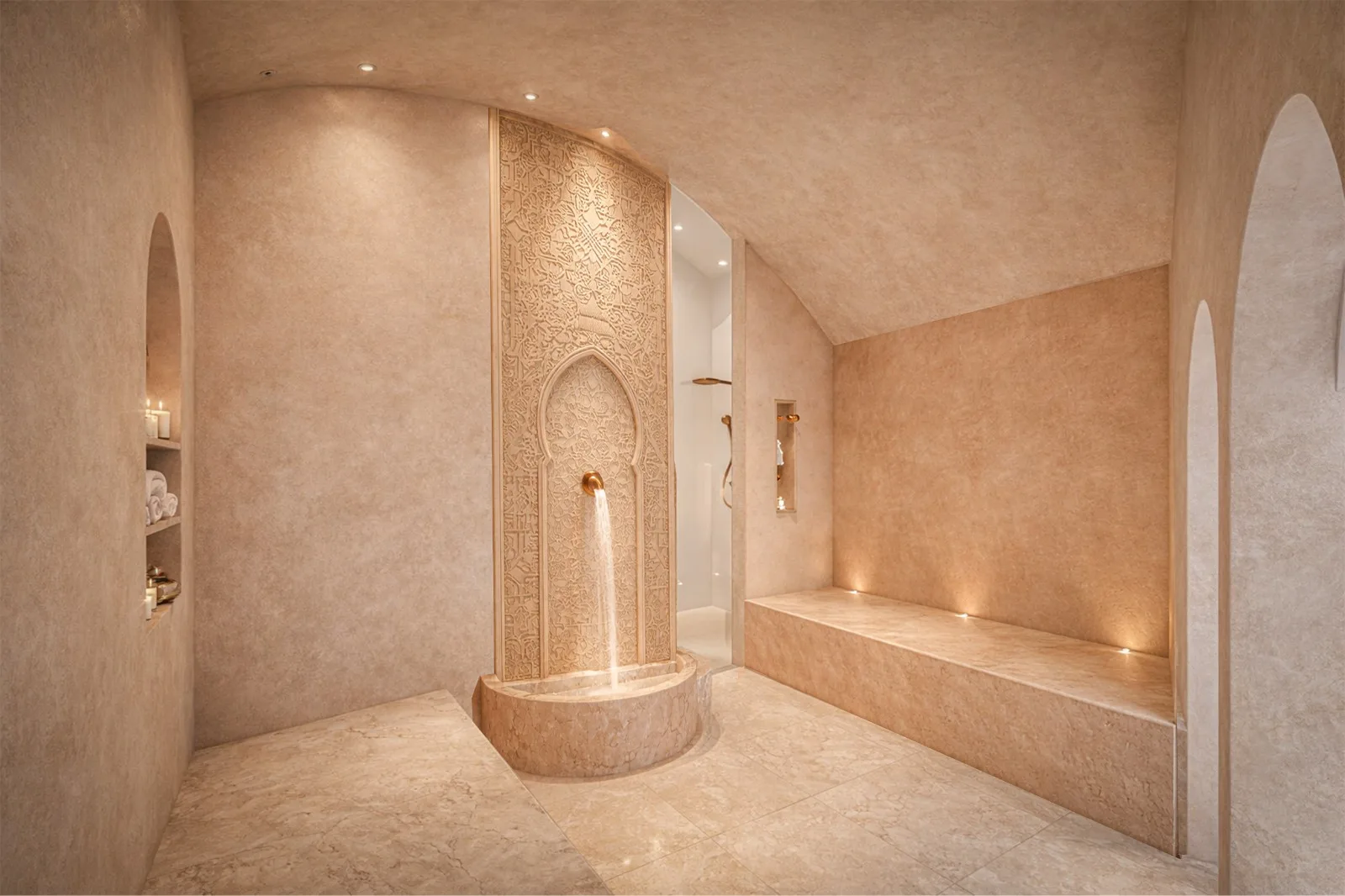 Hammam traditionnel en tadelakt avec fontaine sculptée et banquette chauffante — Riad Zenaya & Spa, Marrakech