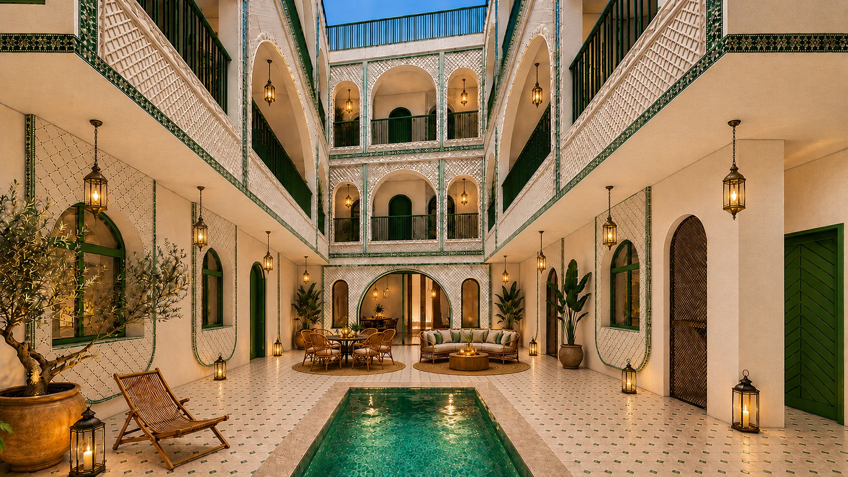 Patio central du Riad Zenaya avec bassin de zellige et galeries à arches — Riad Zenaya & Spa, Marrakech