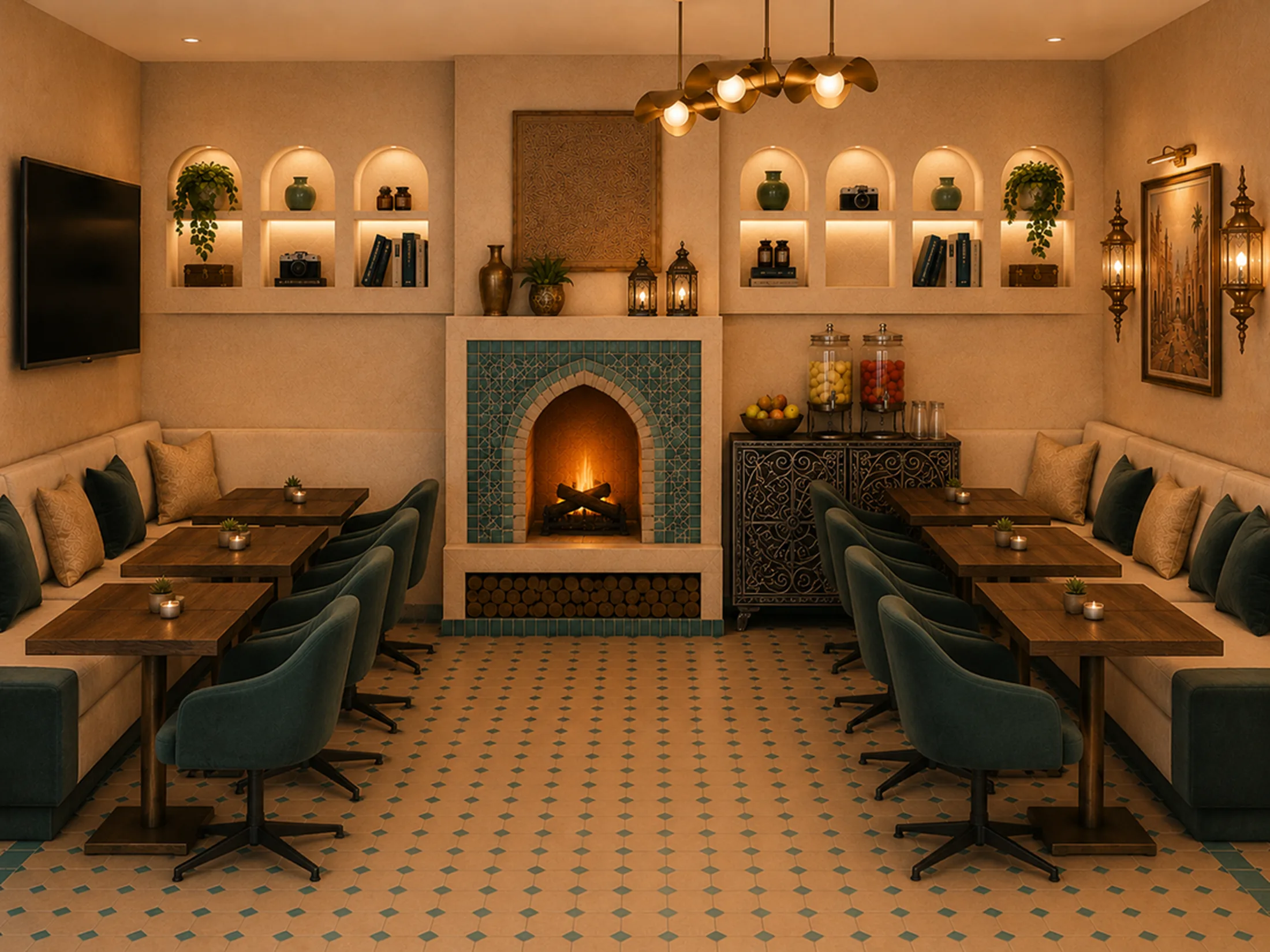 Salon convivial avec cheminée en zellige et banquettes — Riad Zenaya & Spa, Marrakech