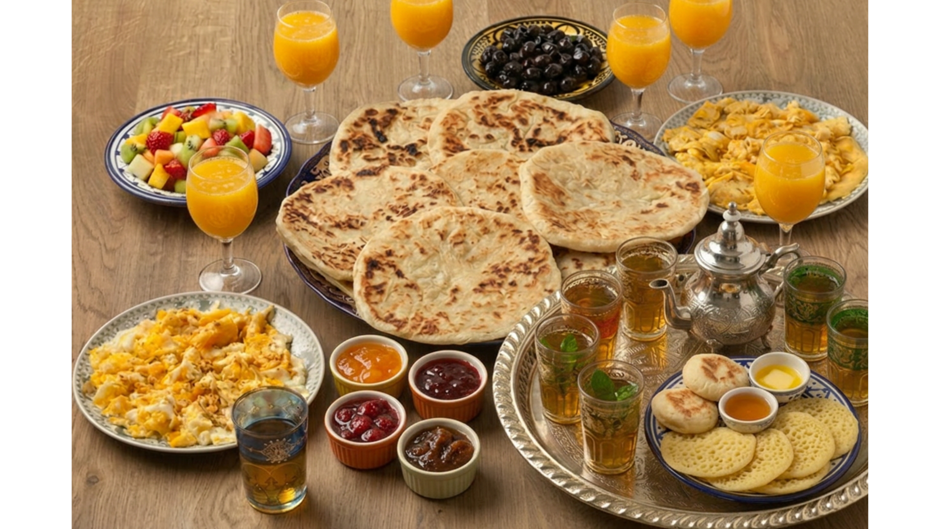 Petit-déjeuner marocain : msemen, beghrir, jus d'orange et thé à la menthe