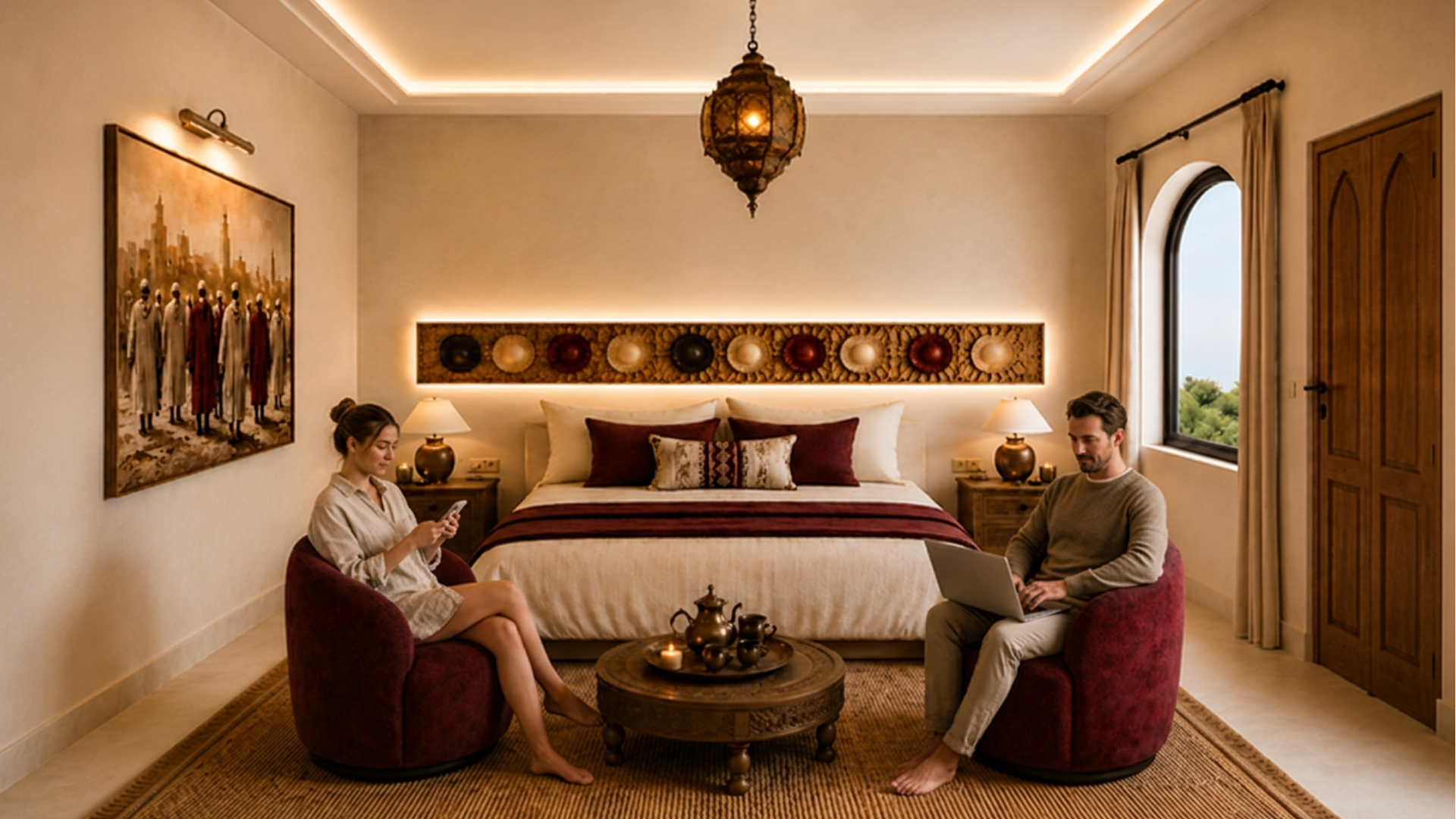 Couple connecté au Wifi fibre dans une suite du Riad Zenaya