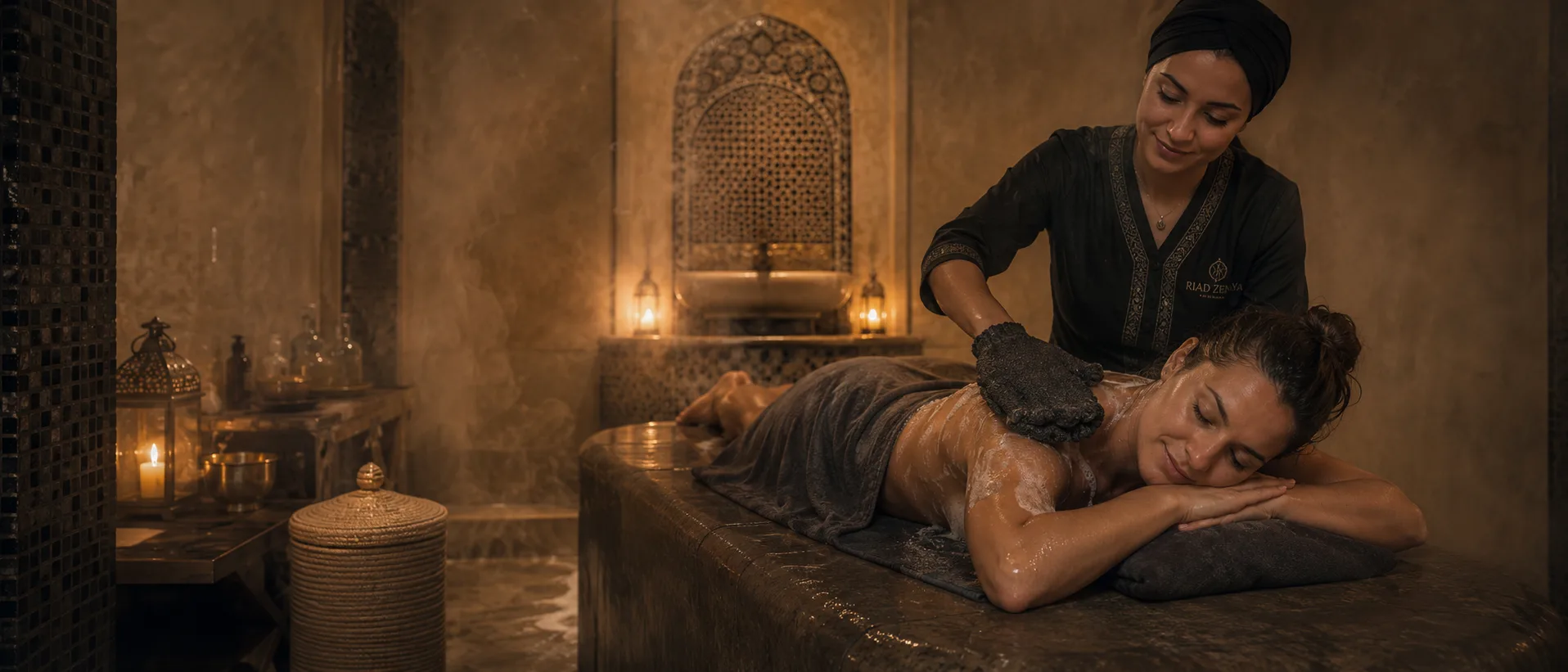 Gommage au savon noir et gant kessa dans le hammam — Riad Zenaya & Spa, Marrakech