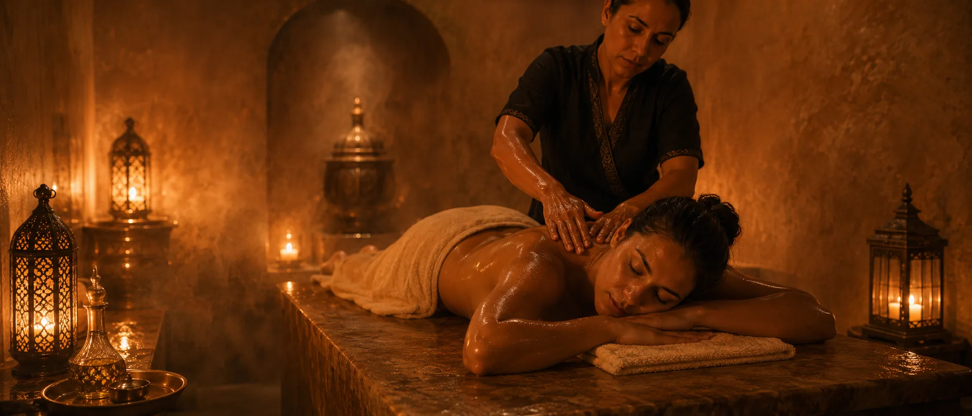 Modelage aux huiles d'argan dans le hammam à la lueur des lanternes — Riad Zenaya & Spa, Marrakech