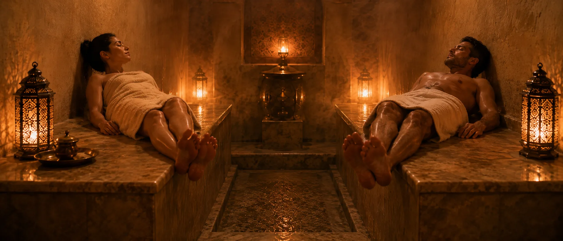 Détente dans la salle de vapeur du hammam à la lueur des lanternes — Riad Zenaya & Spa, Marrakech